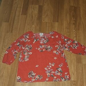 Orange Floral 3/4 Sleeve Relaxed Blouse